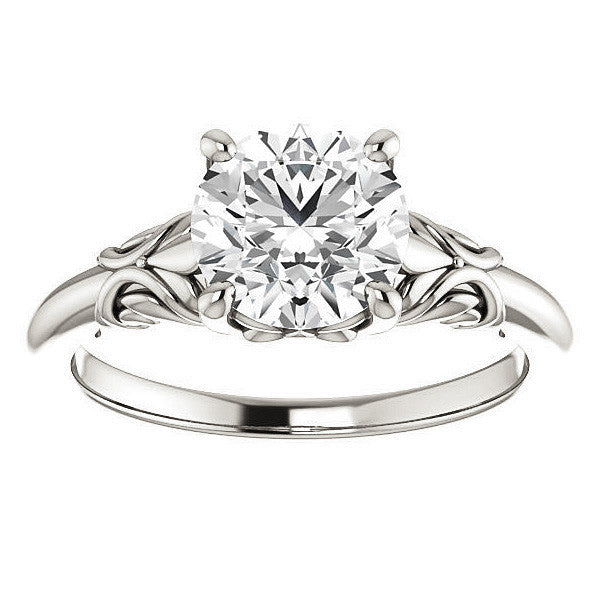 Round Moissanite Solitaire Engagement Ring with Floral Accents