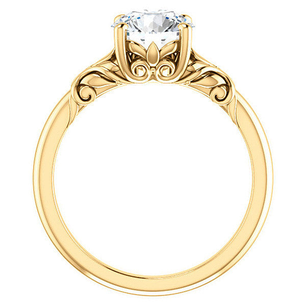 Round Moissanite Solitaire Engagement Ring with Floral Accents