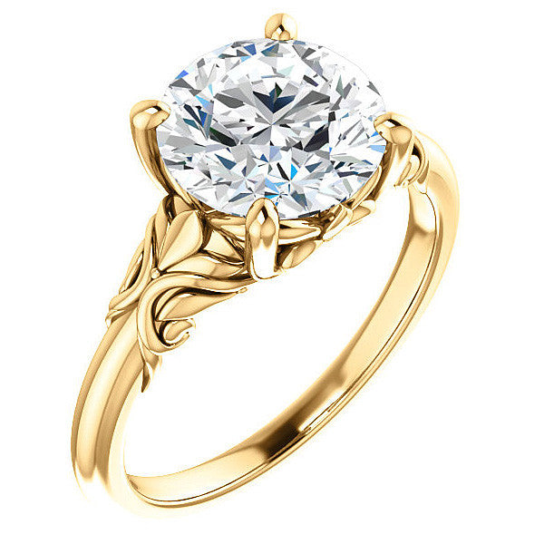 Round Moissanite Solitaire Engagement Ring with Floral Accents