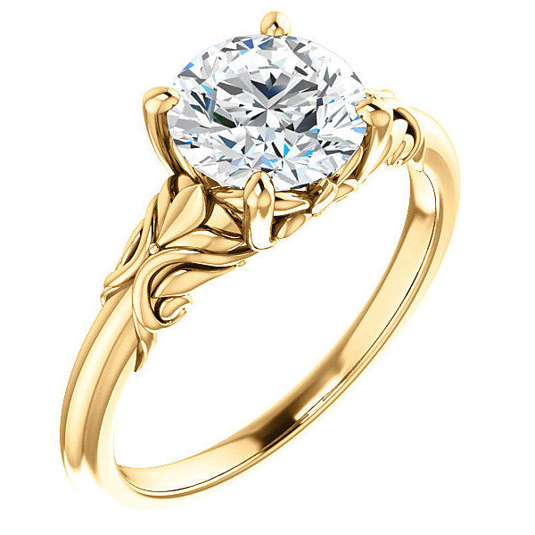 Round Moissanite Solitaire Engagement Ring with Floral Accents