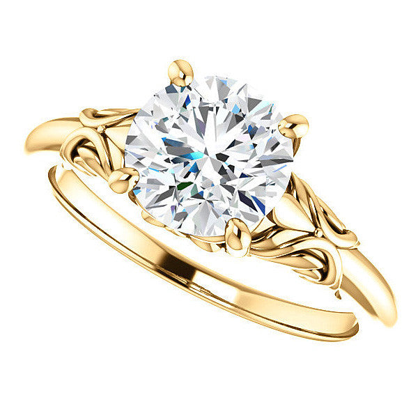 Round Moissanite Solitaire Engagement Ring with Floral Accents