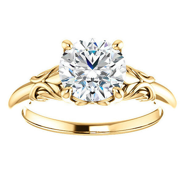 Round Moissanite Solitaire Engagement Ring with Floral Accents
