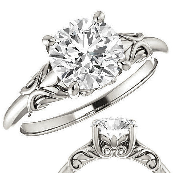 Round Moissanite Solitaire Engagement Ring with Floral Accents