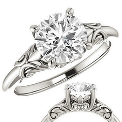 Round Moissanite Solitaire Engagement Ring with Floral Accents