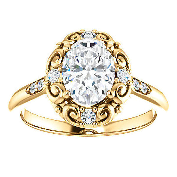 Oval Moissanite Cathedral Engagement Ring with Unique Halo
