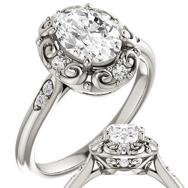Oval Moissanite Cathedral Engagement Ring with Unique Halo