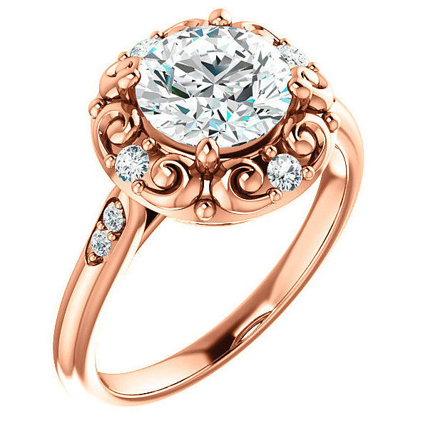 Round Moissanite Cathedral Engagement Ring with Unique Halo