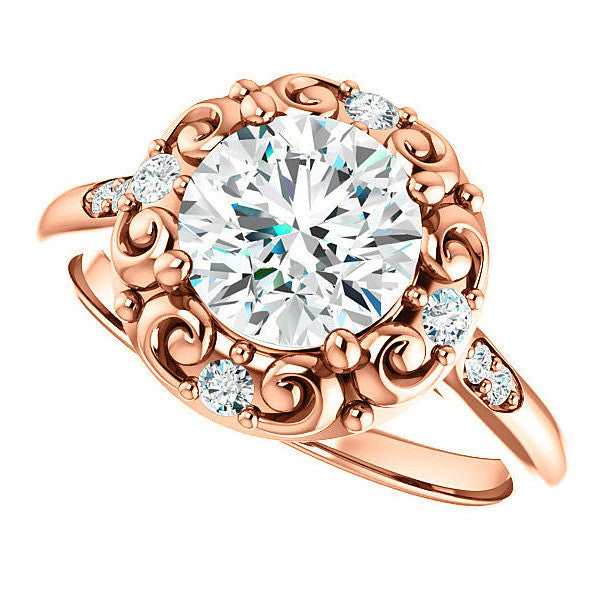 Round Moissanite Cathedral Engagement Ring with Unique Halo