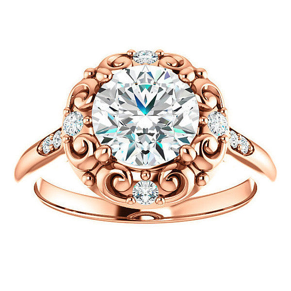 Round Moissanite Cathedral Engagement Ring with Unique Halo