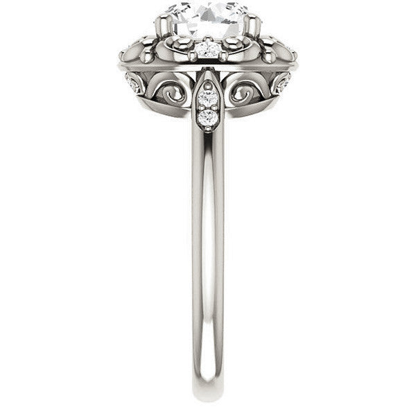 Round Moissanite Cathedral Engagement Ring with Unique Halo