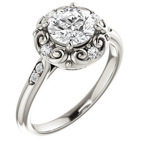 Round Moissanite Cathedral Engagement Ring with Unique Halo