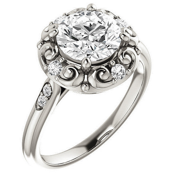 Round Moissanite Cathedral Engagement Ring with Unique Halo