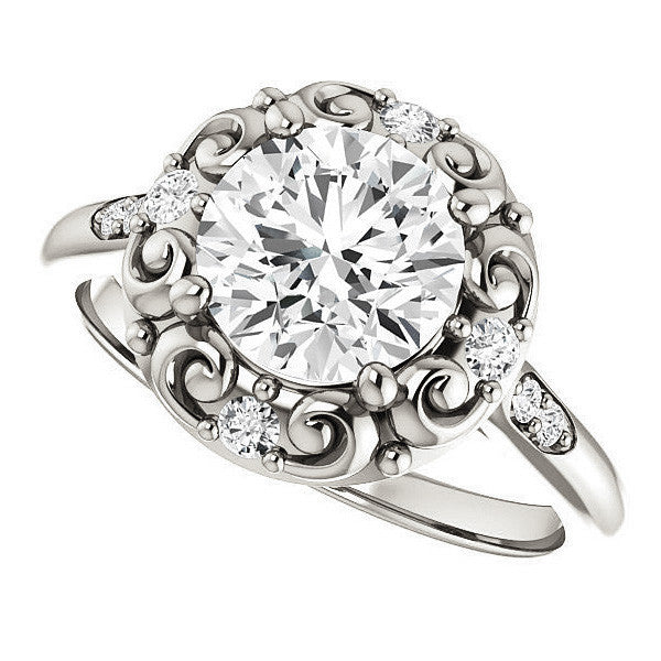 Round Moissanite Cathedral Engagement Ring with Unique Halo