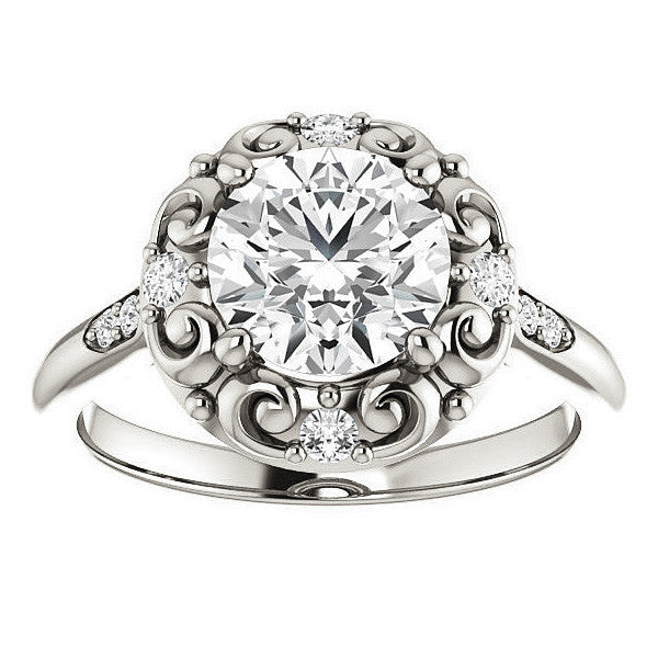 Round Moissanite Cathedral Engagement Ring with Unique Halo