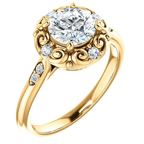 Round Moissanite Cathedral Engagement Ring with Unique Halo