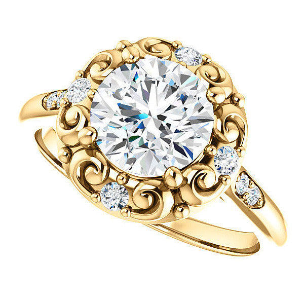 Round Moissanite Cathedral Engagement Ring with Unique Halo