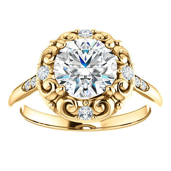 Round Moissanite Cathedral Engagement Ring with Unique Halo
