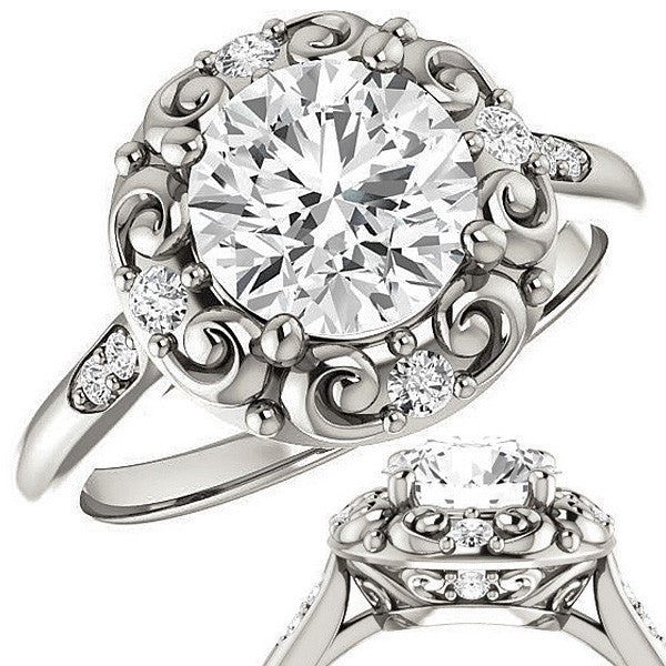 Round Moissanite Cathedral Engagement Ring with Unique Halo