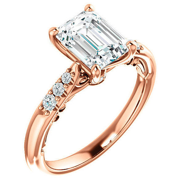 Emerald / Radiant Moissanite Cathedral Engagement Ring