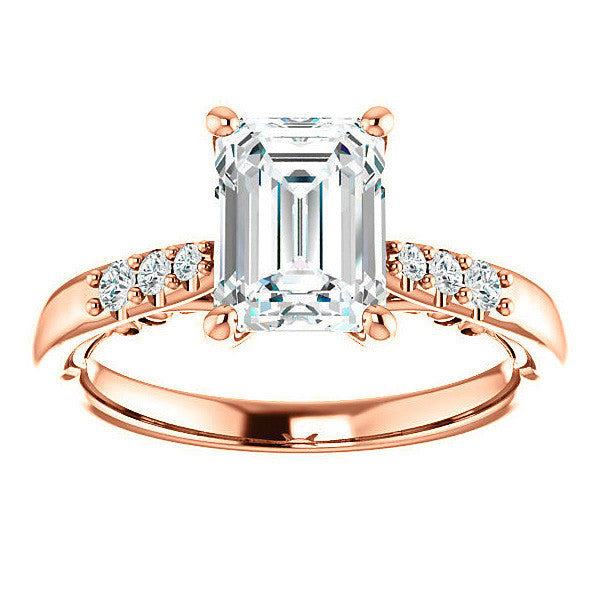 Emerald / Radiant Moissanite Cathedral Engagement Ring