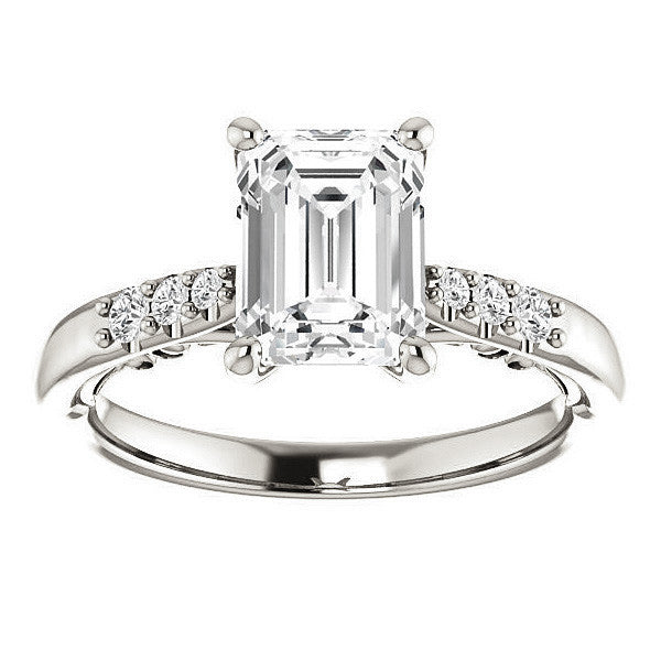 Emerald / Radiant Moissanite Cathedral Engagement Ring