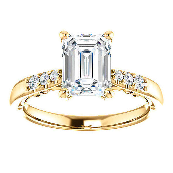Emerald / Radiant Moissanite Cathedral Engagement Ring
