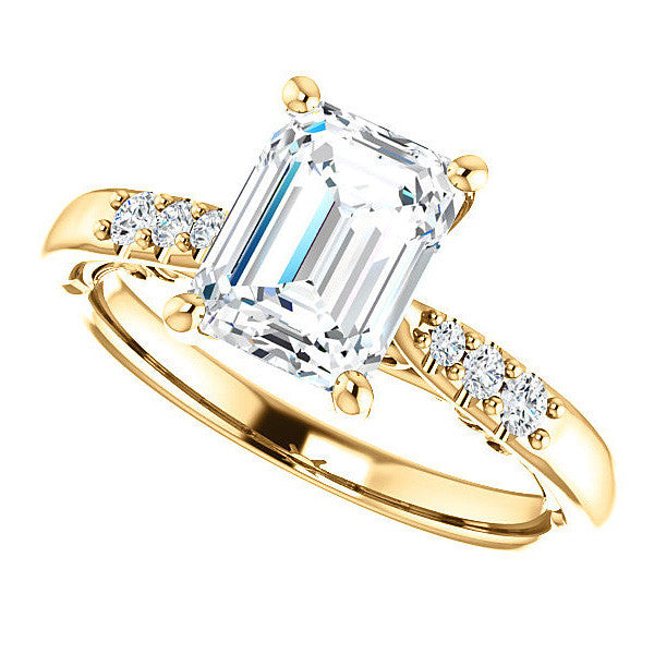 Emerald / Radiant Moissanite Cathedral Engagement Ring