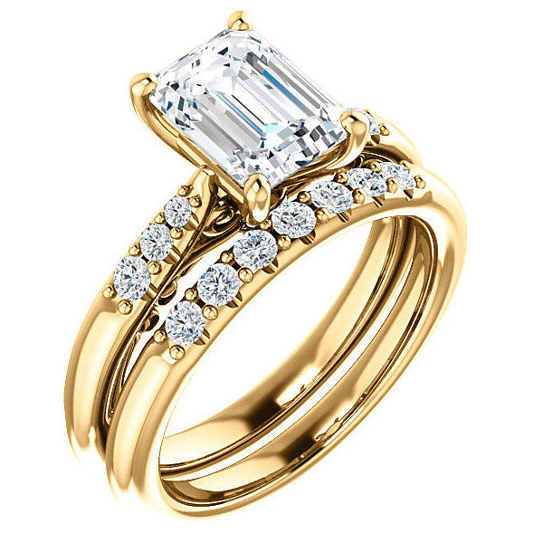 Emerald / Radiant Moissanite Cathedral Engagement Ring