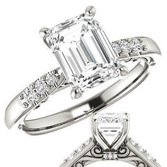Emerald / Radiant Moissanite Cathedral Engagement Ring
