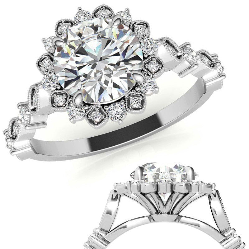 Round Moissanite Cathedral Engagement Ring with Halo