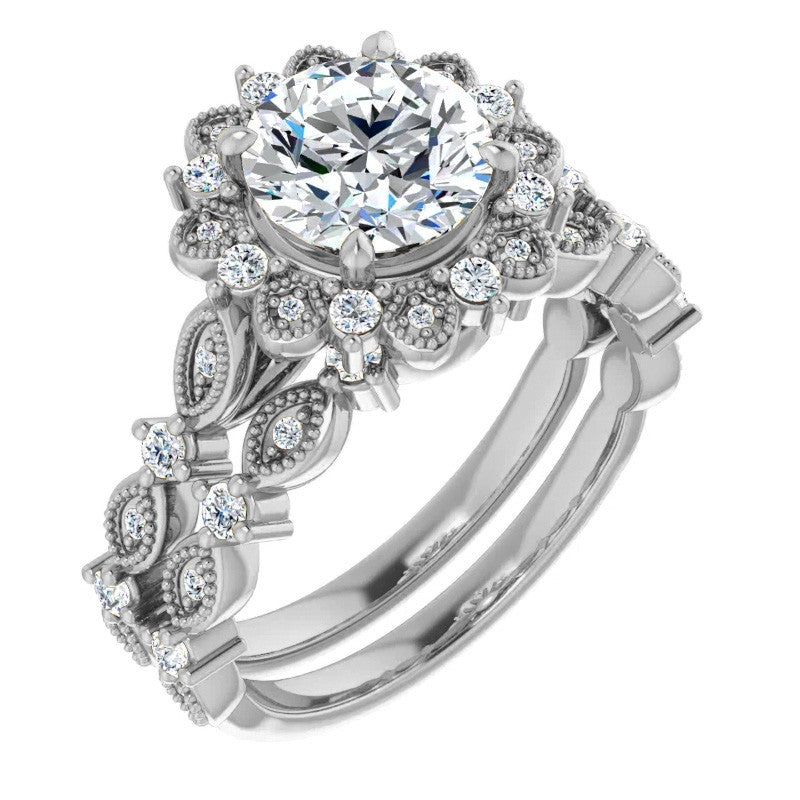 Round Moissanite Cathedral Engagement Ring with Halo