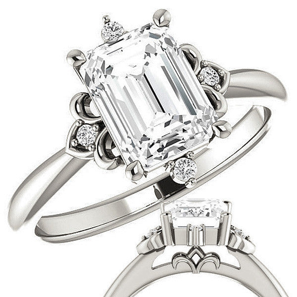 Emerald / Radiant Moissanite Unique Engagement Ring