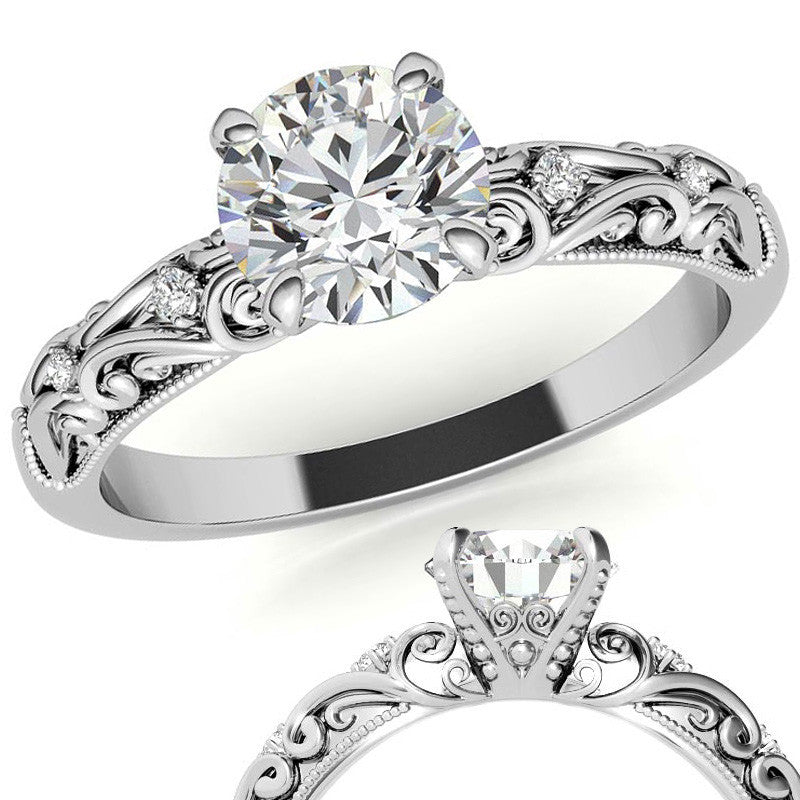 Round Scroll Design Moissanite Engagement Ring