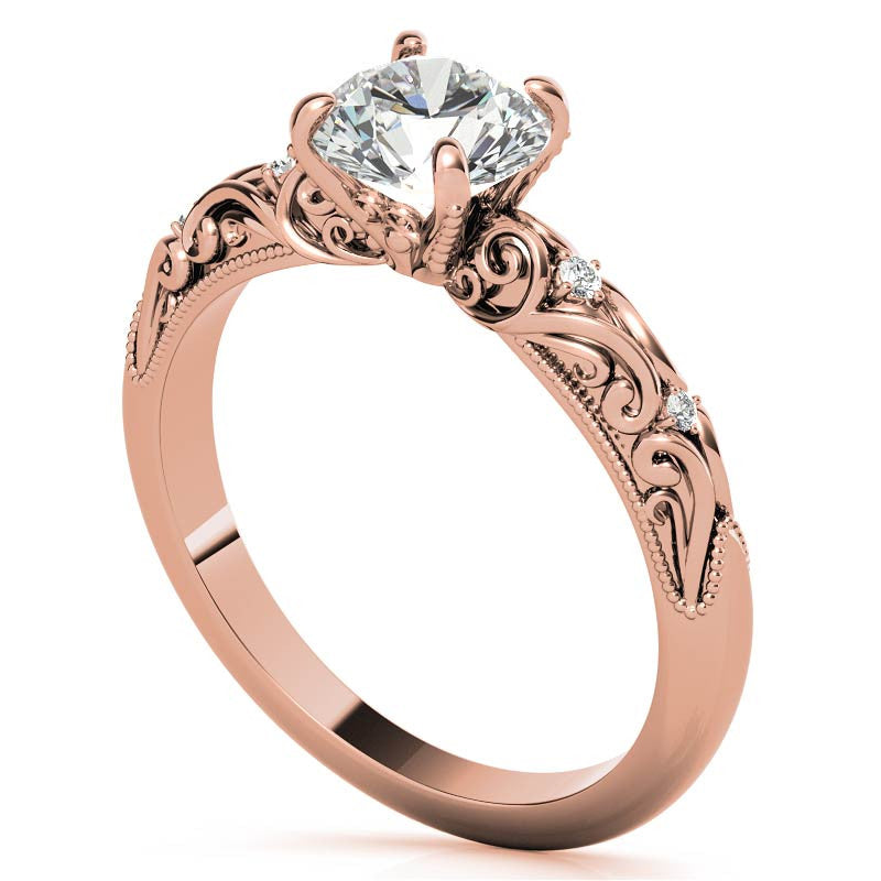 Round Scroll Design Moissanite Engagement Ring