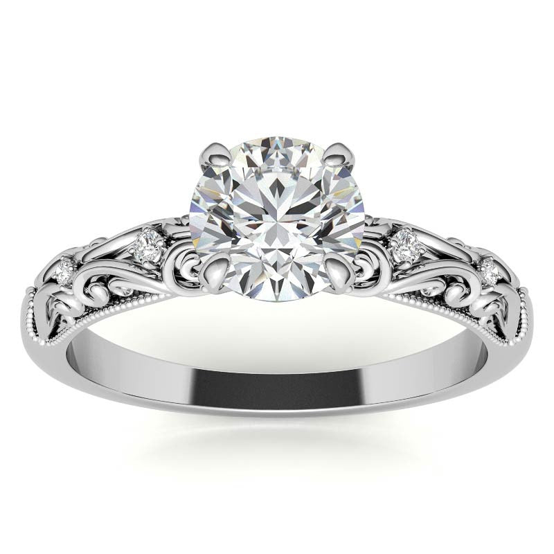 Round Scroll Design Moissanite Engagement Ring