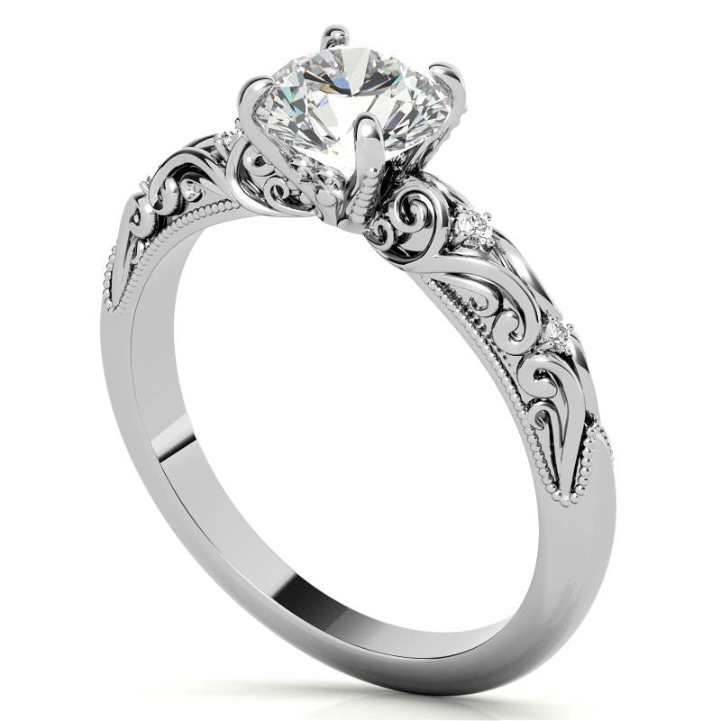 Round Scroll Design Moissanite Engagement Ring