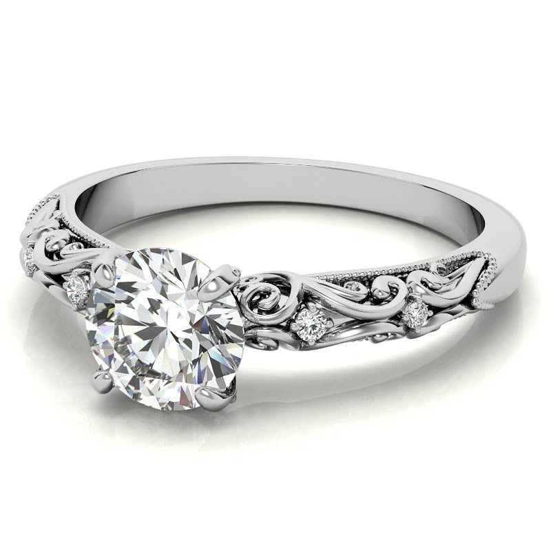 Round Scroll Design Moissanite Engagement Ring