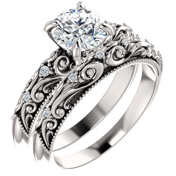 Round Scroll Design Moissanite Engagement Ring