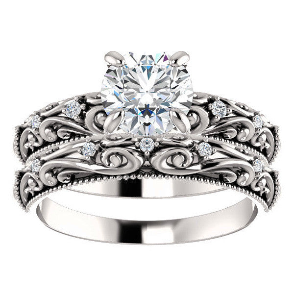 Round Scroll Design Moissanite Engagement Ring