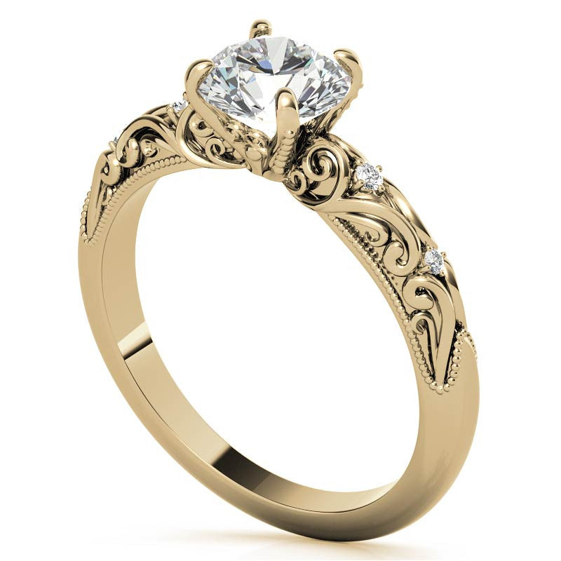 Round Scroll Design Moissanite Engagement Ring