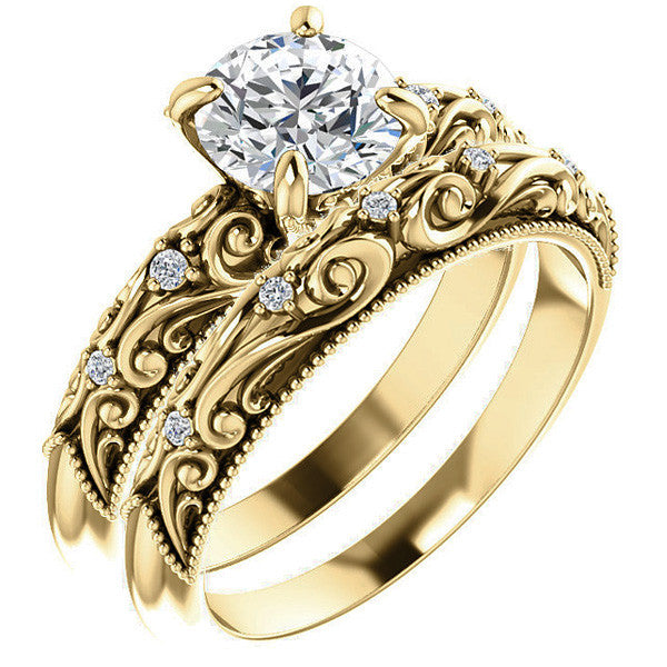 Round Scroll Design Moissanite Engagement Ring