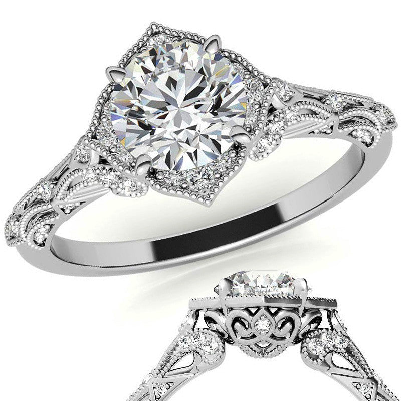 Round Antique Floral Moissanite Engagement Ring with Milgrain