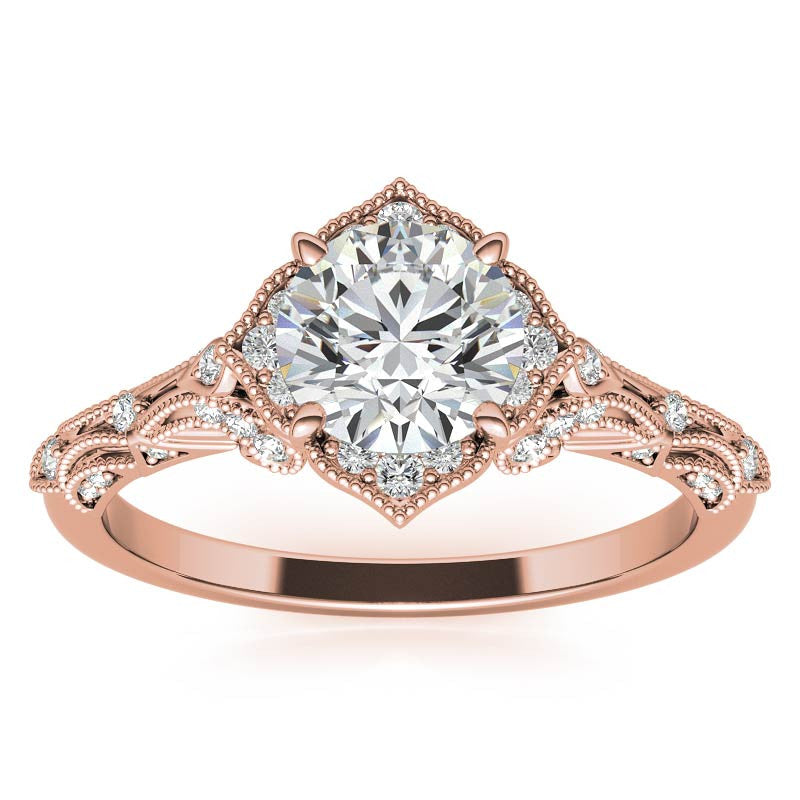 Round Antique Floral Moissanite Engagement Ring with Milgrain