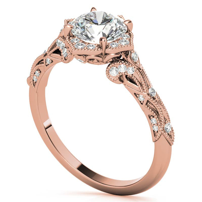 Round Antique Floral Moissanite Engagement Ring with Milgrain