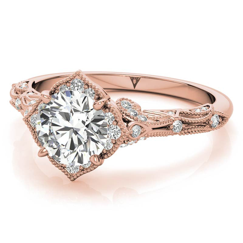 Round Antique Floral Moissanite Engagement Ring with Milgrain