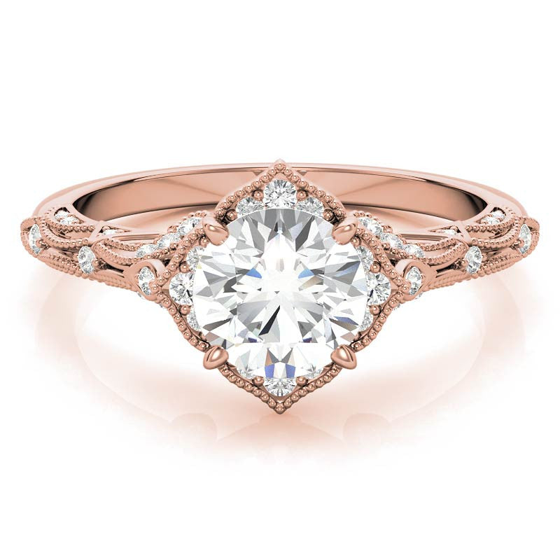 Round Antique Floral Moissanite Engagement Ring with Milgrain