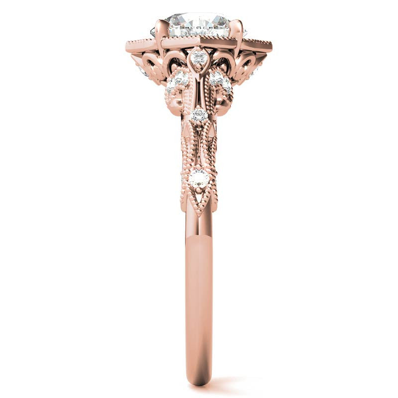Round Antique Floral Moissanite Engagement Ring with Milgrain