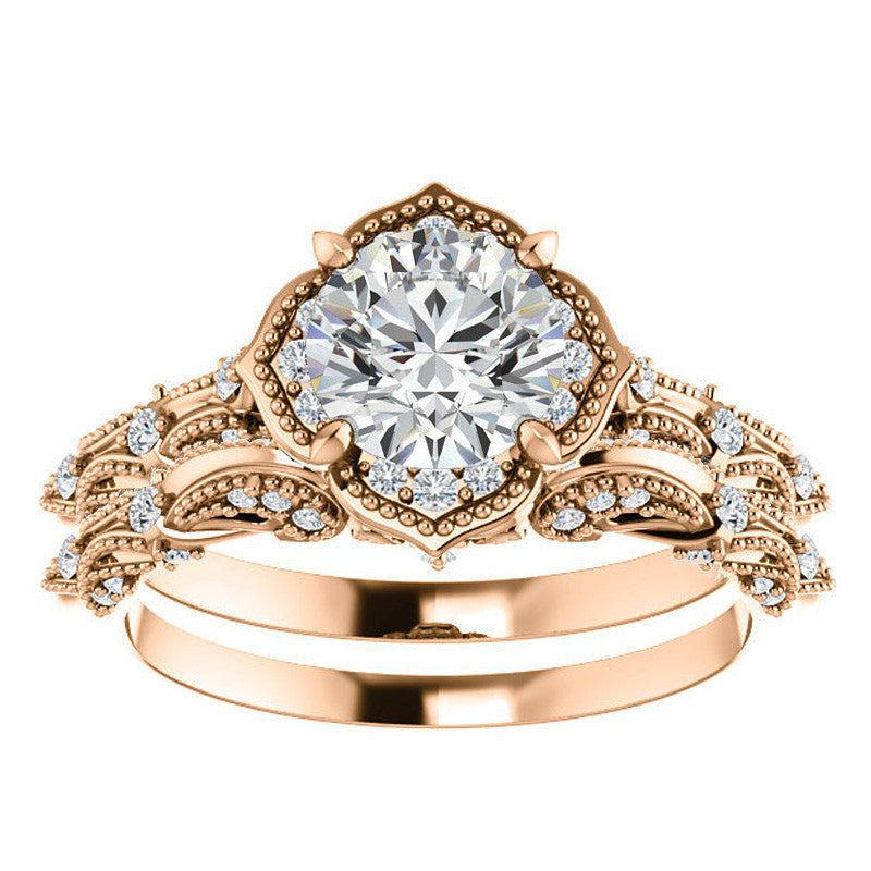 Round Antique Floral Moissanite Engagement Ring with Milgrain