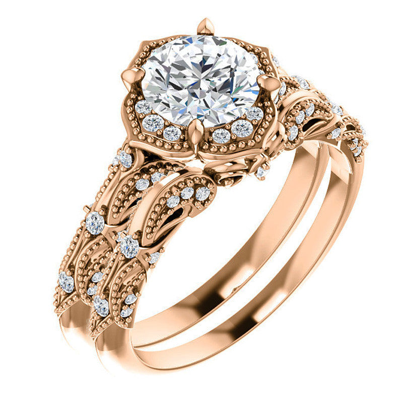 Round Antique Floral Moissanite Engagement Ring with Milgrain