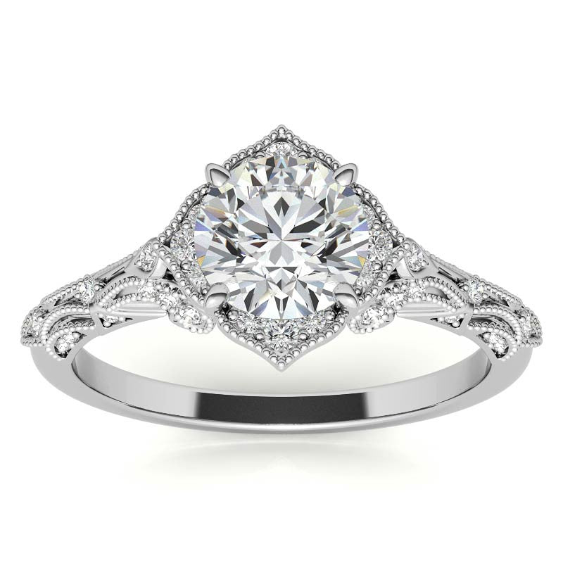 Round Antique Floral Moissanite Engagement Ring with Milgrain